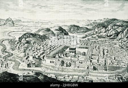 This 1910 image shows a view of Mecca in from the 1790 work “General chart of the Ottoman Empire, divided into two parts, one of which includes the Mohammedan legislation; the other, the history of the Ottoman Empire,” by Ignatius Mouradgea d'Ohsson, an Armenian Stock Photo