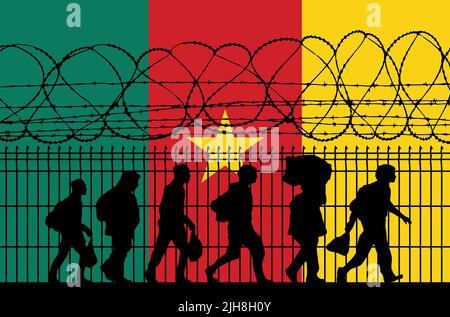 Flag of Cameroon - Refugees near barbed wire fence. Migrants migrate to other countries. Sub-Saharan Africa Stock Photo