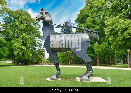 Heidelberg, Germany - July 2022: Horse sculpture called 'Musengaul' located in public castle garden Stock Photo