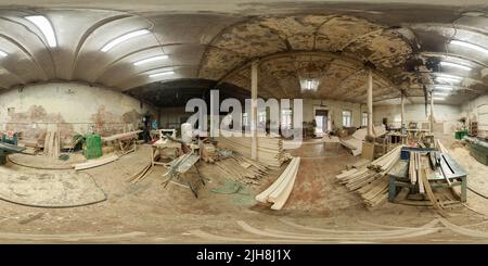 360 degree panoramic view of Seamless full spherical 360 degree panorama in equirectangular projection of carpentry workshop in abandoned building in Tula, Russia - July 8, 2015