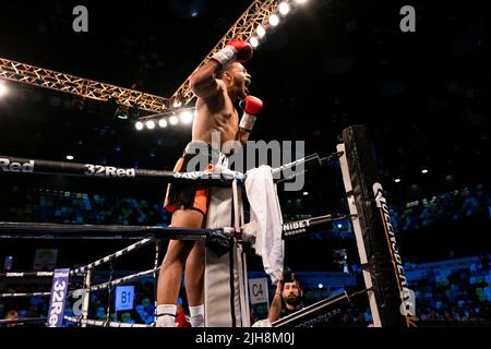 LONDON, UNITED KINGDOM. 16th Jul, 2022. Khalid Ali vs Des Newton – Welterweight Contest during under fight card of Frankwarren presents Sheeraz vs Torres - WBC Silver Middleweight Championship at Copper Box Arena on Saturday, July 16, 2022 in LONDON UNITED KINGDOM. Credit: Taka G Wu/Alamy Live News Stock Photo