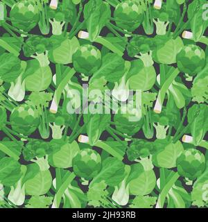 Seamless vector pattern background of leafy green vegetables made of simple illustrations. Stock Vector
