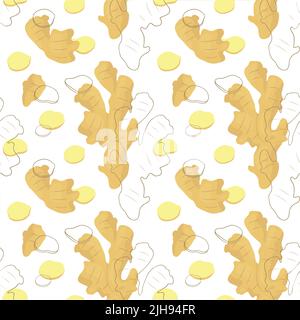 Seamless vector pattern background of ginger root made of simple illustrations. Stock Vector