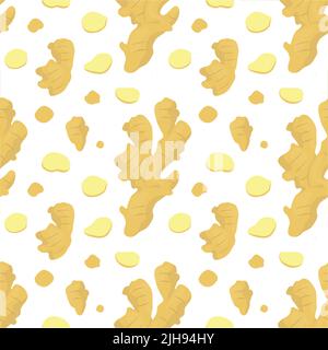 Seamless vector pattern background of ginger root made of simple illustrations. Stock Vector