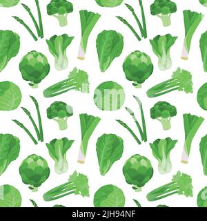 Seamless vector pattern background of leafy green vegetables made of simple illustrations. Stock Vector