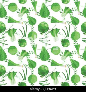 Seamless vector pattern background of leafy green vegetables made of simple illustrations. Stock Vector