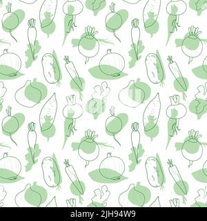 Seamless vector pattern background of root vegetables made of simple illustrations. Stock Vector
