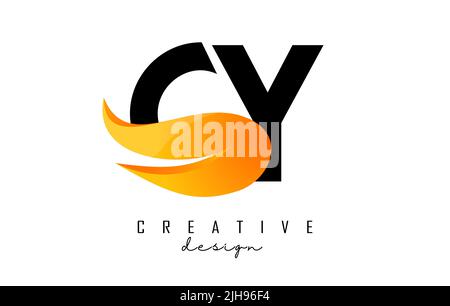 Vector illustration of abstract letters Cy c y with fire flames and orange owoosh design. Letters logo with creative cut and shape. Stock Vector