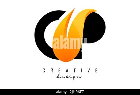 Vector illustration of abstract letters CP c p with fire flames and orange owoosh design. Letters logo with creative cut and shape. Stock Vector