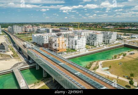 Vienna, Austria – July 15, 2022. Aerial view over Aspern Seestadt neighbourhood of Vienna. Stock Photo