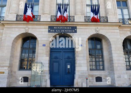 The French Ministry of Justice also known as the Chancellerie is located at the Hotel de Bourvallais on famous Vendome square in Paris, France. Stock Photo