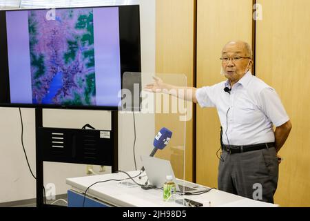 July 15, 2022, Nagasaki, Japan: Seiichiro Mise an atomic bomb survivor speaks during a special meeting with foreign journalists at the Nagasaki Atomic Bomb Museum. With the Russia-Ukraine war concerns, Japan promotes initiatives toward peace and the abolition of nuclear weapons over the risk of being used again. Japan is the only country attacked with nuclear weapons. A group of foreign journalists visited the cities of Hiroshima and Nagasaki (in a press tour) before the 77th anniversary of the atomic bombing attacks during WWII. The press tour was organized by the Ministry of Foreign Affairs Stock Photo