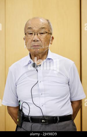 July 15, 2022, Nagasaki, Japan: Seiichiro Mise an atomic bomb survivor attends a special meeting with foreign journalists at the Nagasaki Atomic Bomb Museum. With the Russia-Ukraine war concerns, Japan promotes initiatives toward peace and the abolition of nuclear weapons over the risk of being used again. Japan is the only country attacked with nuclear weapons. A group of foreign journalists visited the cities of Hiroshima and Nagasaki (in a press tour) before the 77th anniversary of the atomic bombing attacks during WWII. The press tour was organized by the Ministry of Foreign Affairs (Cred Stock Photo