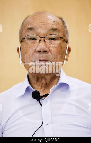 July 15, 2022, Nagasaki, Japan: Seiichiro Mise an atomic bomb survivor attends a special meeting with foreign journalists at the Nagasaki Atomic Bomb Museum. With the Russia-Ukraine war concerns, Japan promotes initiatives toward peace and the abolition of nuclear weapons over the risk of being used again. Japan is the only country attacked with nuclear weapons. A group of foreign journalists visited the cities of Hiroshima and Nagasaki (in a press tour) before the 77th anniversary of the atomic bombing attacks during WWII. The press tour was organized by the Ministry of Foreign Affairs (Cred Stock Photo