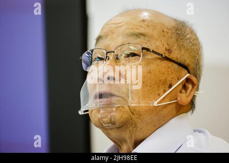 July 15, 2022, Nagasaki, Japan: Seiichiro Mise an atomic bomb survivor speaks during a special meeting with foreign journalists at the Nagasaki Atomic Bomb Museum. With the Russia-Ukraine war concerns, Japan promotes initiatives toward peace and the abolition of nuclear weapons over the risk of being used again. Japan is the only country attacked with nuclear weapons. A group of foreign journalists visited the cities of Hiroshima and Nagasaki (in a press tour) before the 77th anniversary of the atomic bombing attacks during WWII. The press tour was organized by the Ministry of Foreign Affairs Stock Photo