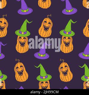 Halloween seamless pattern with smiling pumkins on purple background Stock Vector