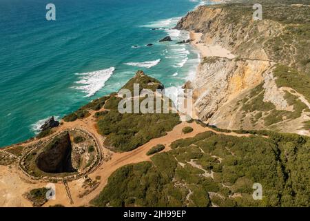 Fojo da Adraga aerial view of crumbling cliff Stock Photo