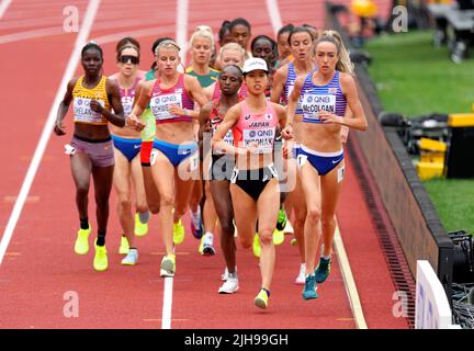 Great Britain's Eilish McColgan (right) competes in the Women's 10,000 Metres Final on day two of the World Athletics Championships at Hayward Field, University of Oregon in the United States. Picture date: Saturday July 16, 2022. Stock Photo