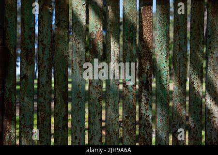 Rusty metal green fence. Background and copyspace. Stock Photo