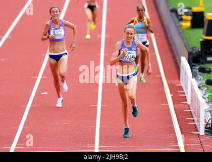 Great Britain's Eilish McColgan (right) approaches the finish line of the Women's 10,000 Metres Final, followed by Great Britain's Jessica Judd on day two of the World Athletics Championships at Hayward Field, University of Oregon in the United States. Picture date: Saturday July 16, 2022. Stock Photo