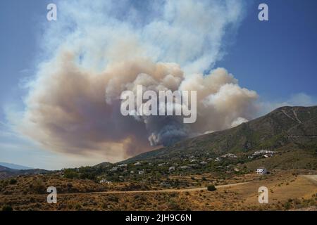 Wildfire in the Sierra de Mijas with a huge smoke column. 18 july 2022, Mijas, Andalucia, Spain. Stock Photo