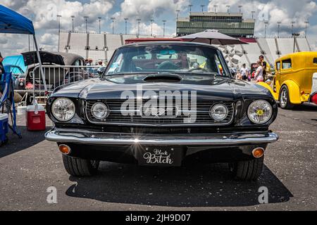 lebanon, TN - May 14, 2022: Low perspective front view of a 1965 Ford Mustang Fastback Coupe at a local car show. Stock Photo