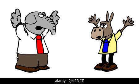 cartoon illustration of republican elephant mascot and democratic donkey mascot arguing Stock Photo