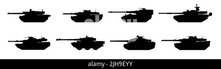 Set of modern tank silhouettes. Black military battle machine vectors icon on white background, army war transport. Stock Vector