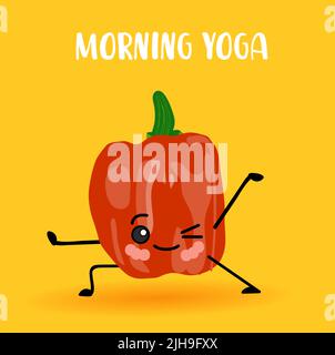 yoga vegetables. Healthy lifestyle. Sports and vegetarianism. Bulgarian pepper characters. Hinduism. Morning yoga. Stock Vector