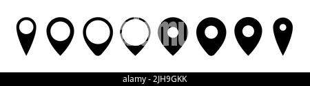 Set of location pin icons. Label pictogram geo symbols. Thin and sick form. Black vector illustration on white background. Stock Vector