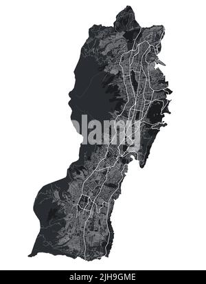 Quito vector map. Detailed vector map of Quito city administrative area. Cityscape poster metropolitan aria view. Black land with white streets, roads Stock Vector