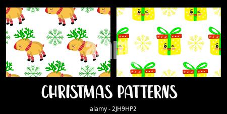 Christmas seamless pattern with kawaii cute reindeer, gift box decorated with ribbon. cartoon character, texture for textile, scrapbook, wrapping pape Stock Vector