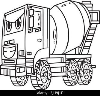 Concrete Mixer with Face Vehicle Coloring Page Stock Vector