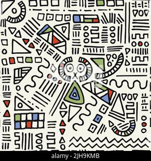 Abstract, hand drawn vector pattern inspired by Joan Miro. Geometric shapes, waves, lines, triangles, squares and circles. Black and white draw with a Stock Vector