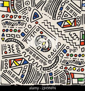 Abstract, hand drawn vector pattern inspired by Joan Miro. Geometric shapes, waves, lines, triangles, squares and circles. Black and white draw with a Stock Vector