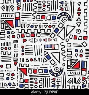 Abstract, hand drawn vector pattern inspired by Joan Miro. Geometric shapes, lines, triangles, squares and circles. Black and white draw with accent o Stock Vector