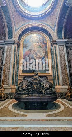 A vertical shot of a religious painting in the Papal Basilica of Saint Peter in Vatican Stock Photo