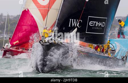 Camper with Emirates Team New Zealand, left, Abu Dhabi Ocean Racing and Team Telefonica depart the harbour for leg 5 to Itajai, Brazil as part of the Stock Photo