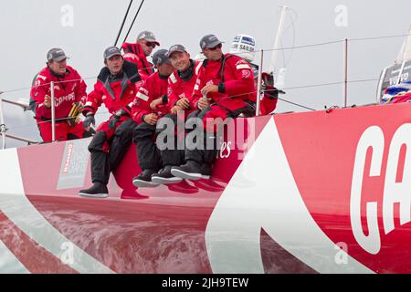 Camper with Emirates Team New Zealand depart the harbour for leg 5 to Itajai, Brazil as part of the Volvo Ocean Race, Auckland, New Zealand, Sunday, M Stock Photo