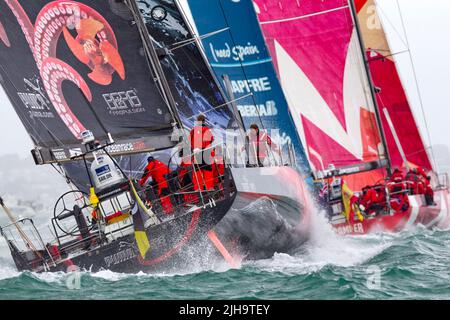 Puma Ocean Racing, left, Team Telefonica and Camper with Emirates Team New Zealand depart the harbour for leg 5 to Itajai, Brazil as part of the Volvo Stock Photo
