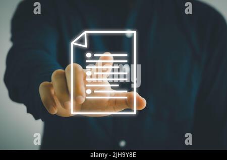 business internet technology concept enterprise information management system DMS.Businessman holding document icon in hand. Document Management Infor Stock Photo