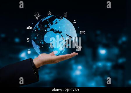 Digital communication and virtual technology concept WEB 3.0.hand touch globe internet. Stock Photo