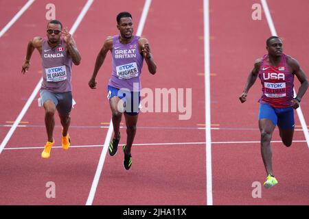 Great Britain’s Zharnel Hughes (centre), Canada’s Andre De Grasse (left) and USA’s Christian Coleman during the Men’s 100m Semi-Final on day two of the World Athletics Championships at Hayward Field, University of Oregon in the United States. Picture date: Saturday July 16, 2022. Stock Photo