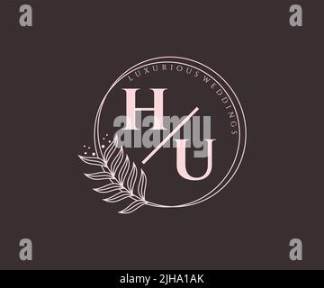 HU Initials letter Wedding monogram logos template, hand drawn modern minimalistic and floral templates for Invitation cards, Save the Date, elegant Stock Vector