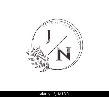 JN Initials letter Wedding monogram logos template, hand drawn modern minimalistic and floral templates for Invitation cards, Save the Date, elegant Stock Vector