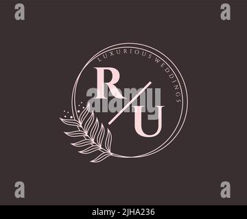 RU Initials letter Wedding monogram logos template, hand drawn modern minimalistic and floral templates for Invitation cards, Save the Date, elegant Stock Vector