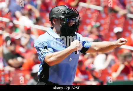 St. Louis, United States. 16th July, 2022. Home plate umpire Mark Wegner calls a third strike on St. Louis Cardinals Andrew Knizner in the second inning against the Cincinnati Reds at Busch Stadium in St. Louis on Saturday, July 16, 2022. Photo by Bill Greenblatt/UPI Credit: UPI/Alamy Live News Stock Photo