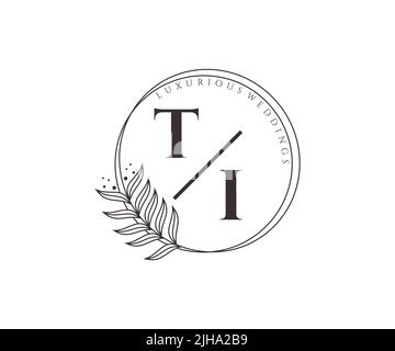TI Initials letter Wedding monogram logos template, hand drawn modern minimalistic and floral templates for Invitation cards, Save the Date, elegant Stock Vector