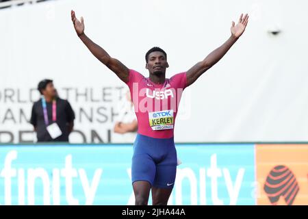 USA’s Fred Kerley during the Men’s 100m Final on day two of the World Athletics Championships at Hayward Field, University of Oregon in the United States. Picture date: Saturday July 16, 2022. Stock Photo