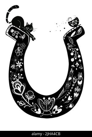 Lucky horseshoe with cat isolated on white background illustration Stock Photo